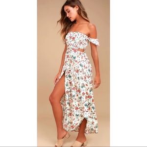 Lush Easy on the Eyes Cream Floral Print Off-the-Shoulder Maxi Dress
